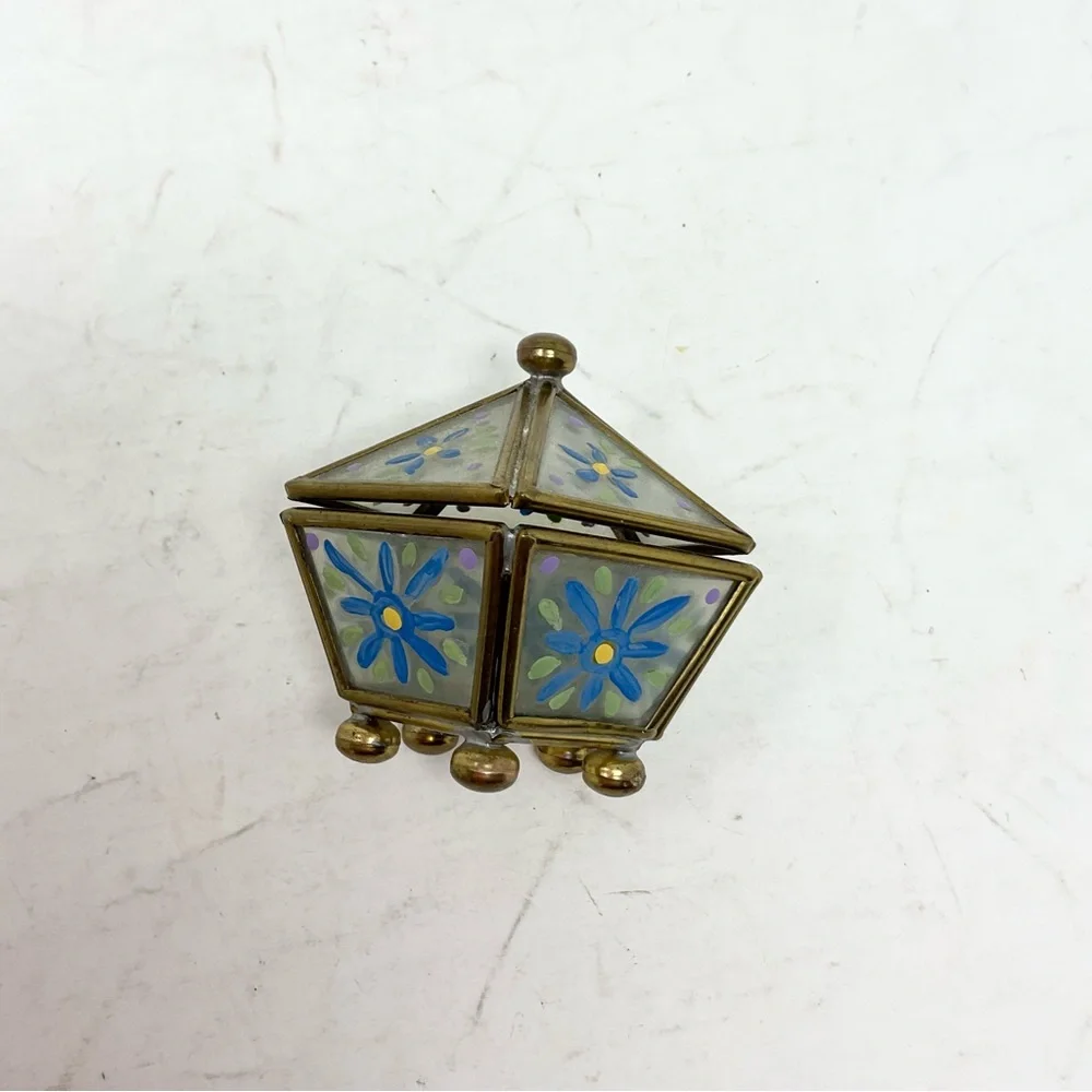 Decorative Floral Glass Box with Brass Accents vintage